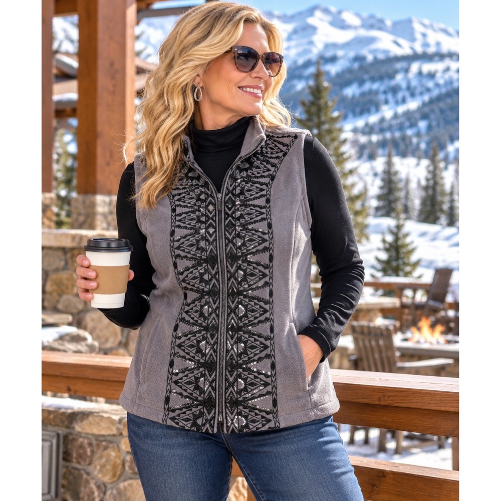 Bob Mackie Wearable Art Gray Fleece Vest Large Embroidered Sequin Zip Front Chic